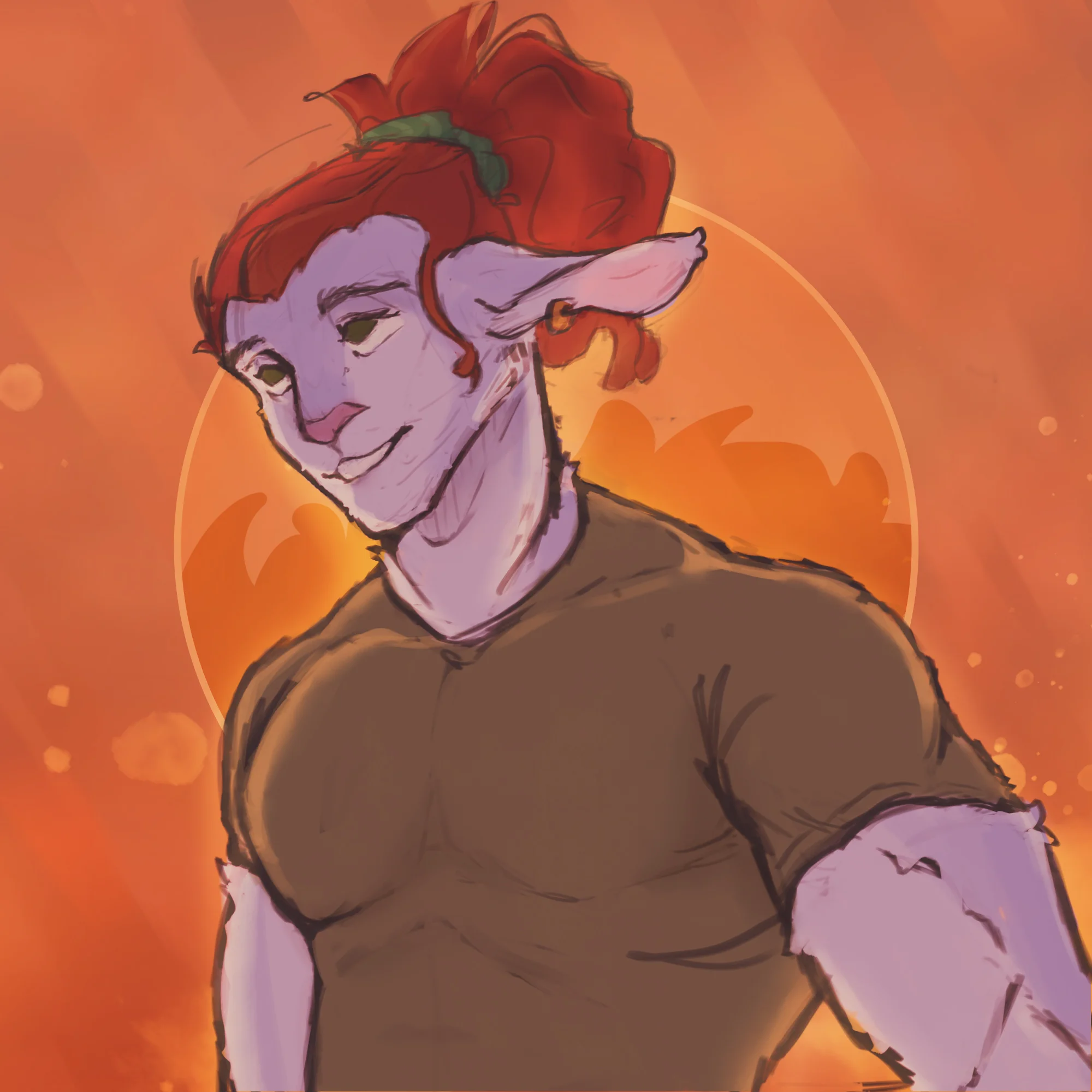 A buff, purple-furred, red-haired cat dude with a green scrunchie rocks a snug brown tee. He's chilling against a warm orange backdrop with soft bokeh lights. His face shows a chill vibe, and he's got a slight grin. The art style is semi-realistic with smooth shading.